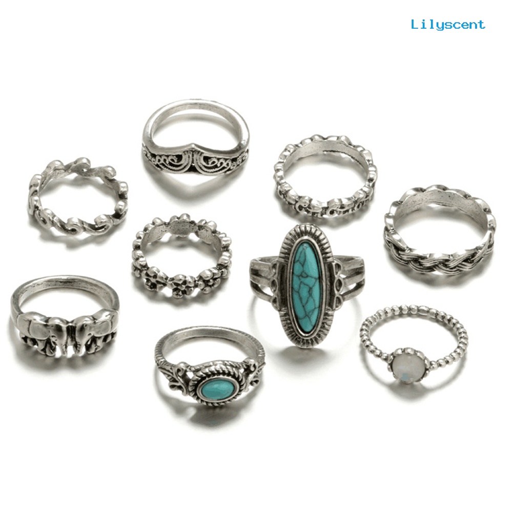 9pcs / Set Cincin Buku Jari Aneka Bentuk Warna Silver Gaya Boho Untuk Wanita