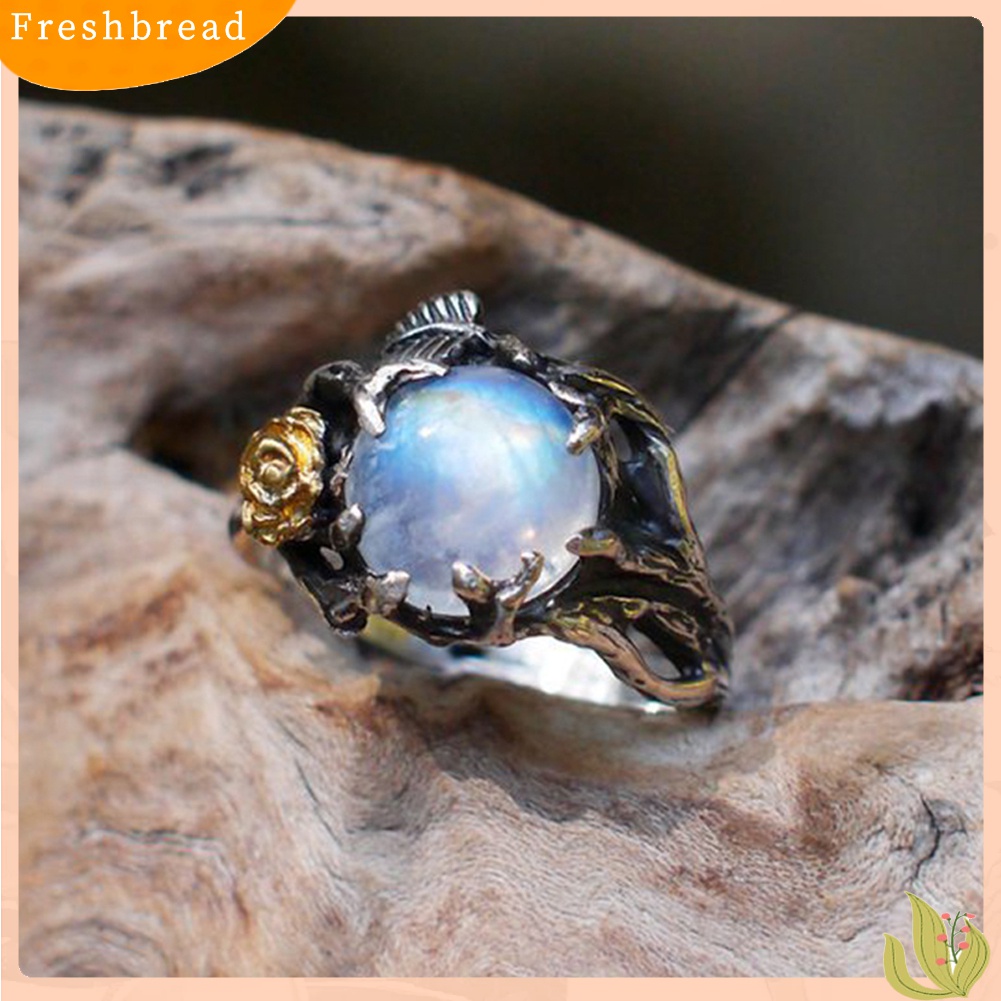 Fresh| Cincin Wanita Desain Bunga Mawardaun Hias Moonstone Imitasi Bentuk Bulat Gaya Vintage Untuk Pesta