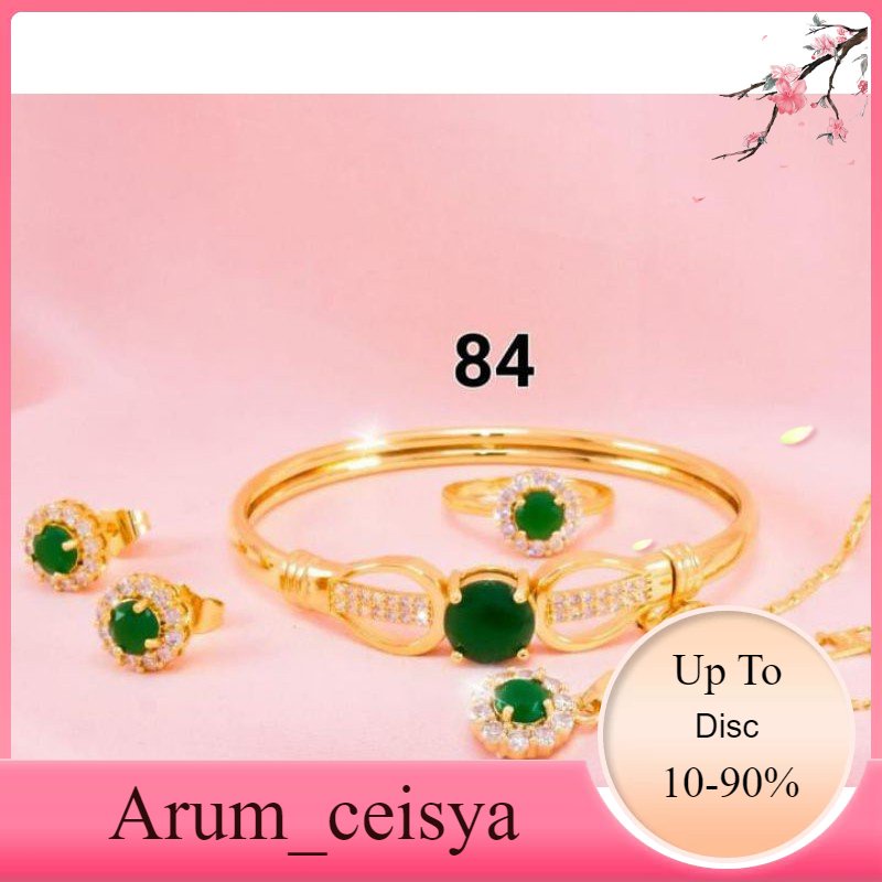 Perhiasan Wanita Satu Set Permata Hijau Emas 24k