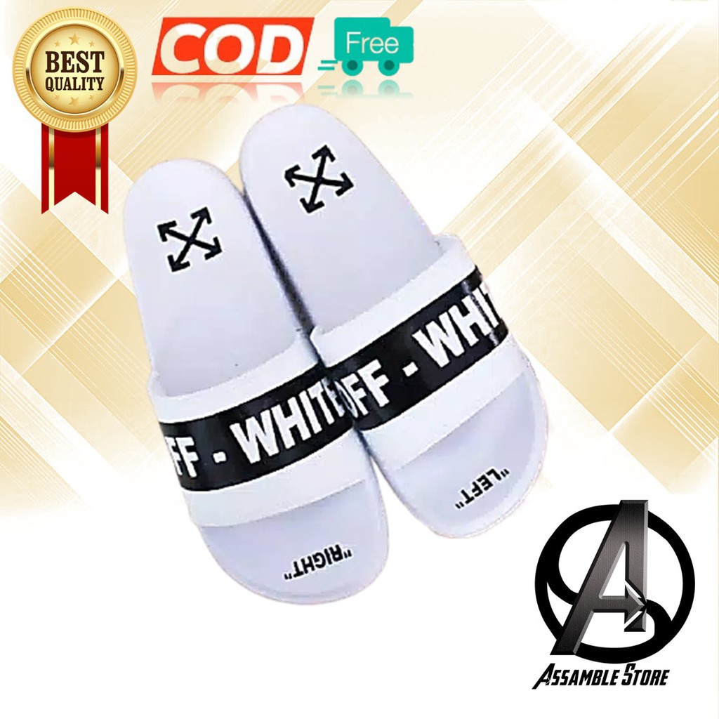 sendal Jepit Selop Pria Wanita logo OFF WHITE Putih Full