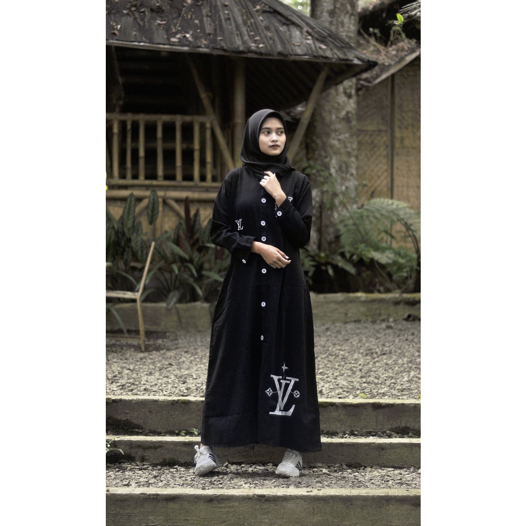 Baju Dress Gamis Levis Black / Jean Wash Aksen Bordiran LV