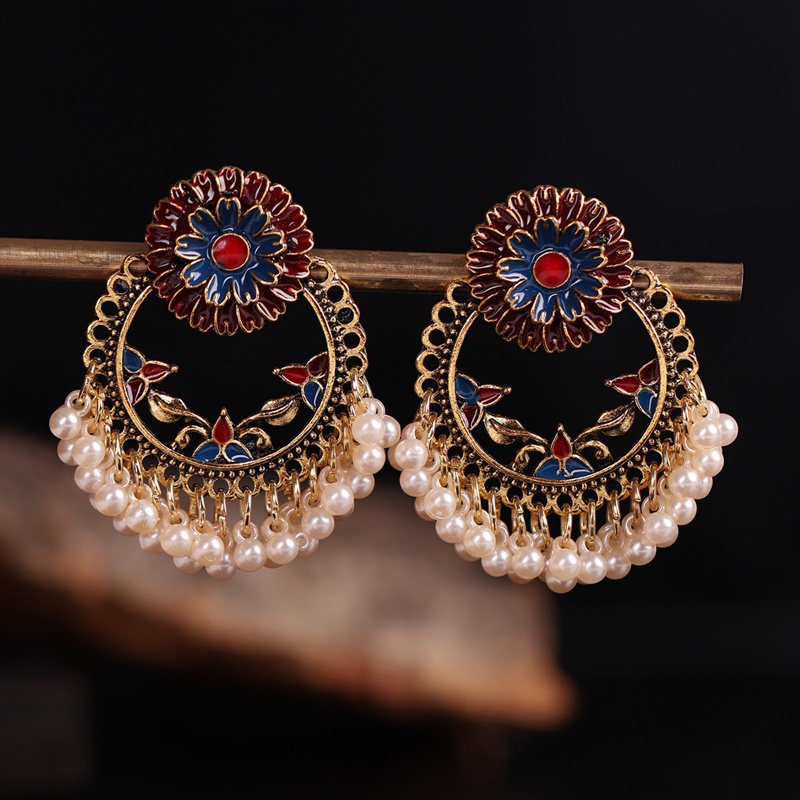 Anting Tusuk Gantung Wanita Desain Bunga Aster Enamel + Mutiara Gaya Indian / Bohemian Handmade Untuk Pesta