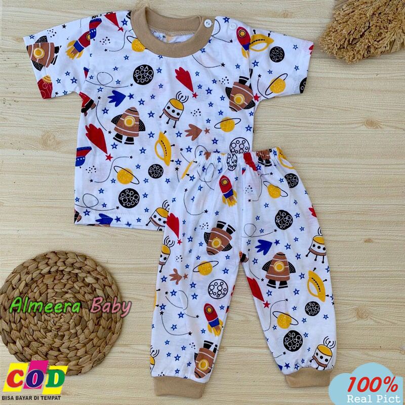 Setelan Baju Bayi Setelan Piyama Bayi Lengan Pendek Celana Panjang Kancing Pundak Usia 3-12 Bulan Almeera Baby and Kids