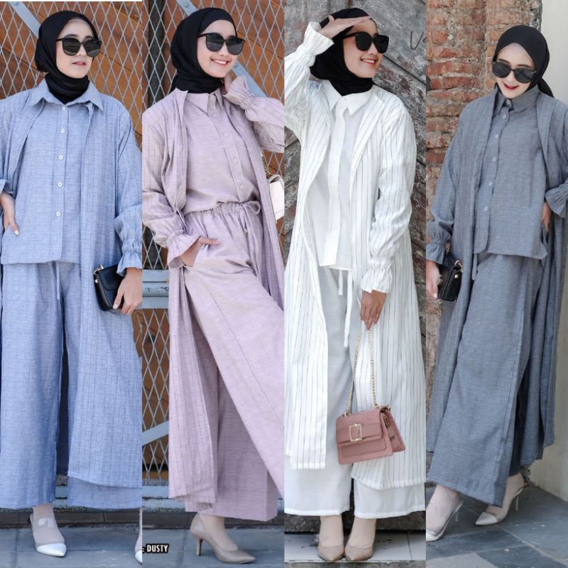 Sandrina One Set Original Vente Daily Setelan Tunik Celana SetCel Linen Motif Garis LD110 Busui