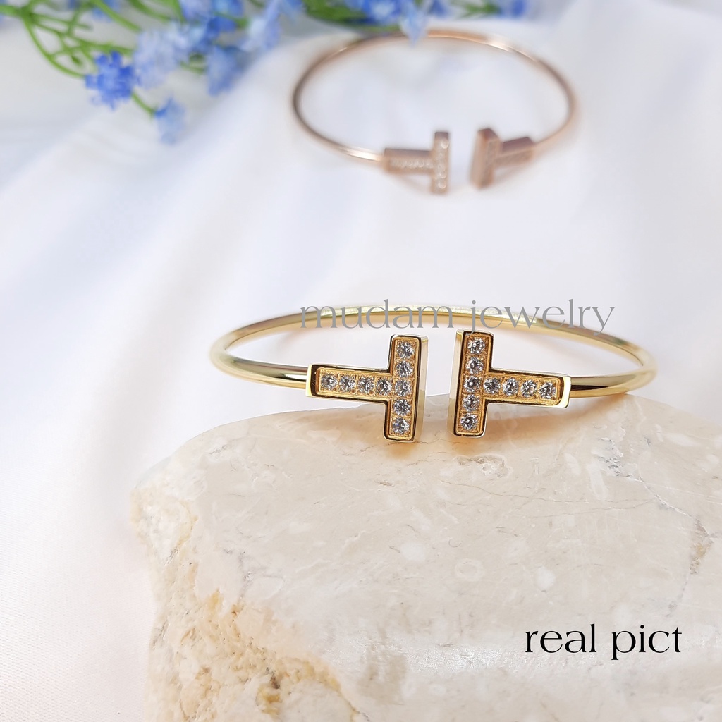 Gelang Lentur Bentuk T Double Dengan Diamonds Artifisial Warna Rose Gold, Gold dan Silver