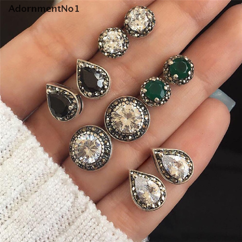 (AdornmentNo1) 5 Pasang / Set Anting Tusuk Gaya Boho Bentuk Tetesan Air Aksen Kristal + Berlian Imitasi Untuk Perhiasan Wanita