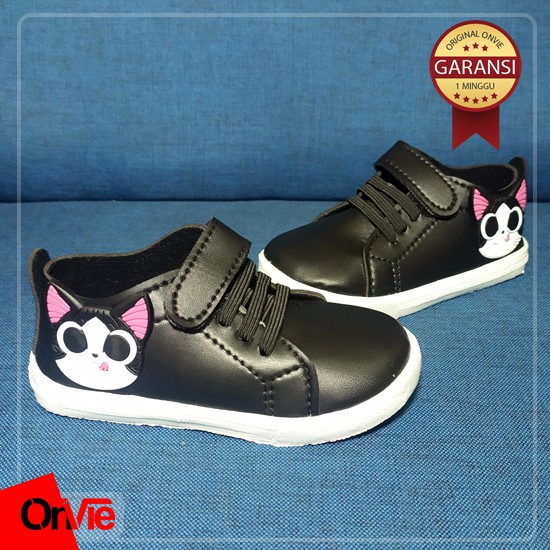 Sepatu Sneaker Anak Perempuan Hitam Putih Motif Meow Karet 3D | Sepatu Kids Wanita Onvie