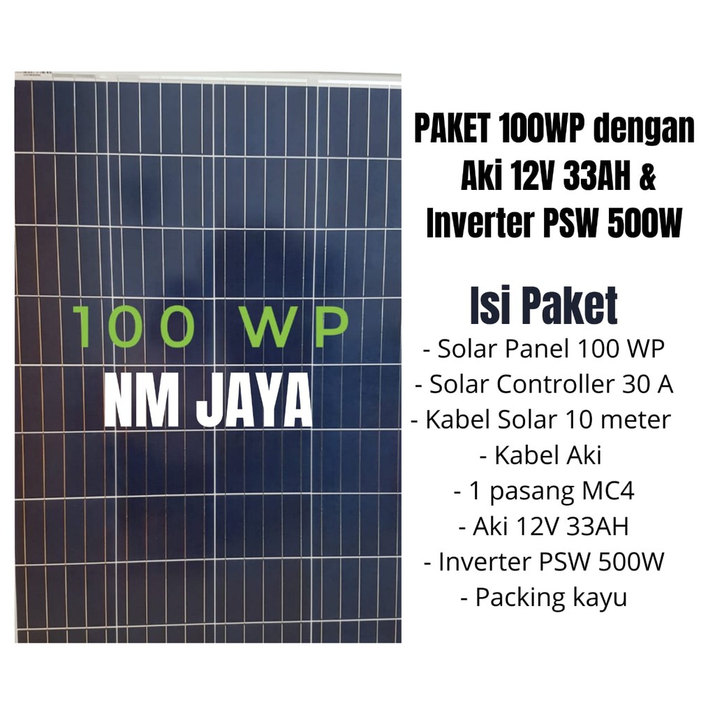 Paket Hemat Solar Panel 100WP Aki 12 v 33 Ah dan Inverter PSW 500W