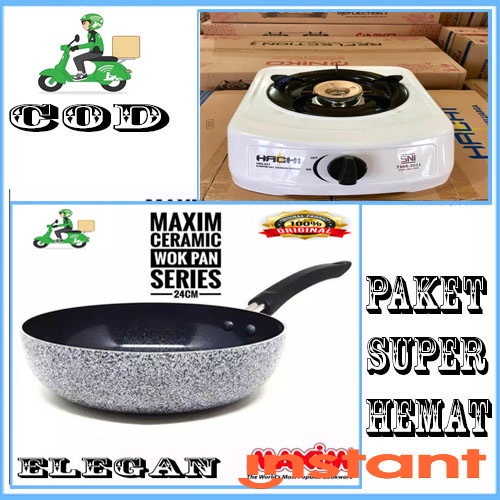 PAKET ISI 2PCS Deep MAXIM Wok Pan Keramik Tanpa Minyak 24cm + KOMPOR 1TK  Wajan Anti Gores | Penggorengan Anti Lengket