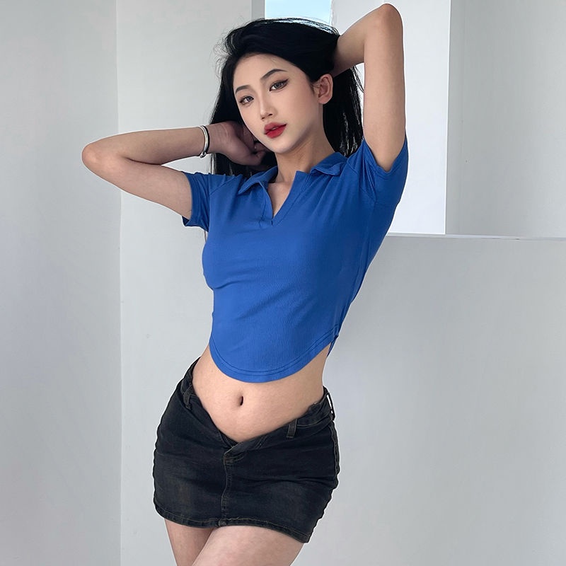 Buktikan kekinian atasan crop top Eropa dan Amerika pure lust hot girl slim V-neck T-shirt women show the figure navel all-match casual short top baju import kaos wanita korean style