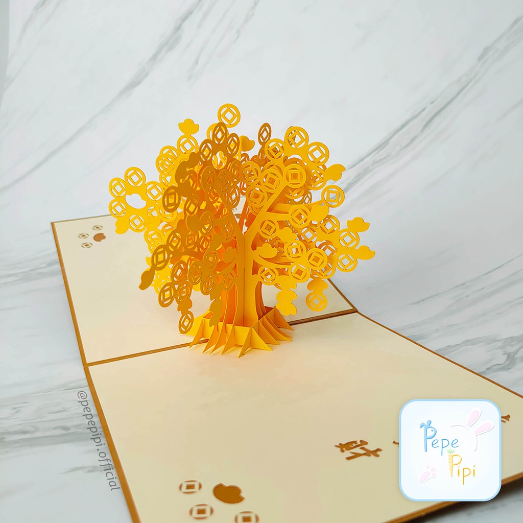 Pop Up Card Pohon Uang 3D Emas Kemakmuran Golden Tree Kartu Ucapan Card