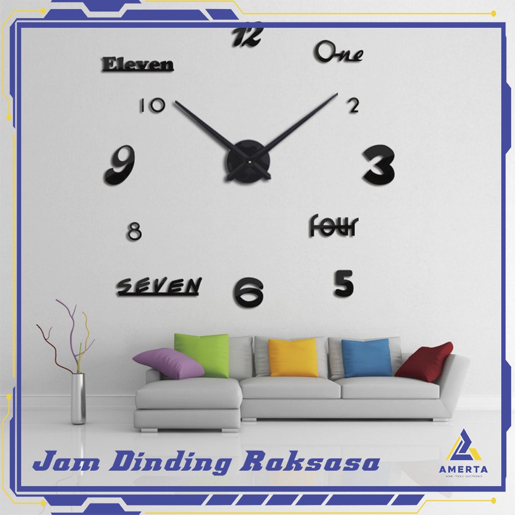 Jam Dinding DIY Giant Wall Clock Quartz Creative Design Acrylic Huruf dan Angka  - Black