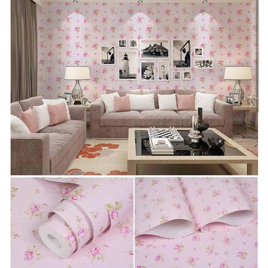 WALLPAPER DINDING STIKER 45 CM X 10 METER MOTIF SHABBY CHIC PINK