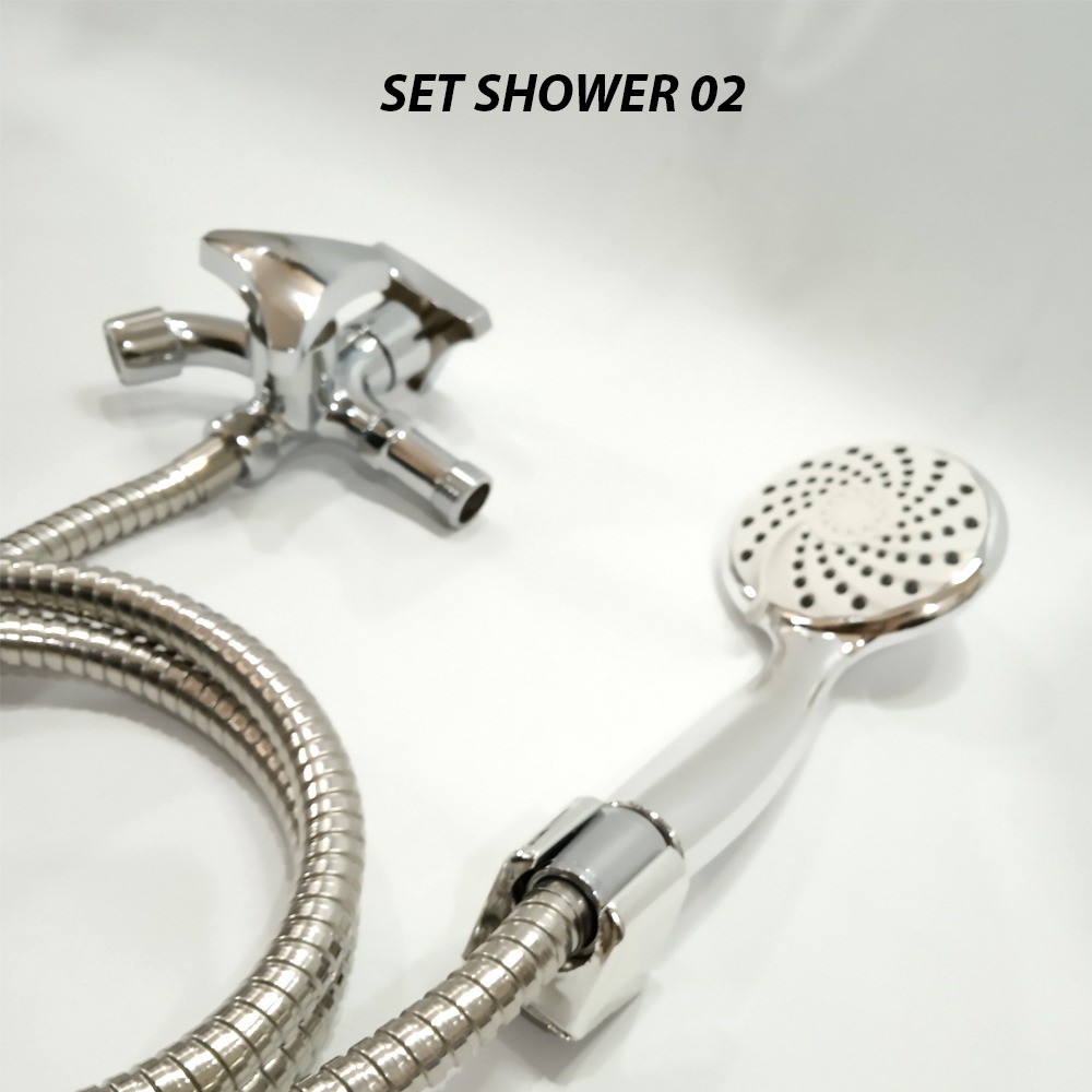 PAKET Hand Shower Kamar Mandi dan Kran Cabang Tembok Segitigal 2 Lubang 1/2” Handel Kuningan