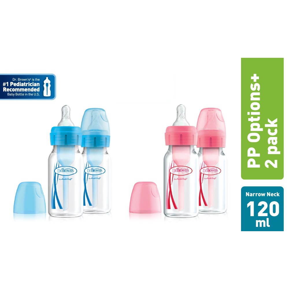 Dr.Brown's 4 oz / 120 ml PP Narrow Neck &quot;Options+&quot; Baby Bottle, Pink/Blue,2 Pack / Botol Susu Bayi