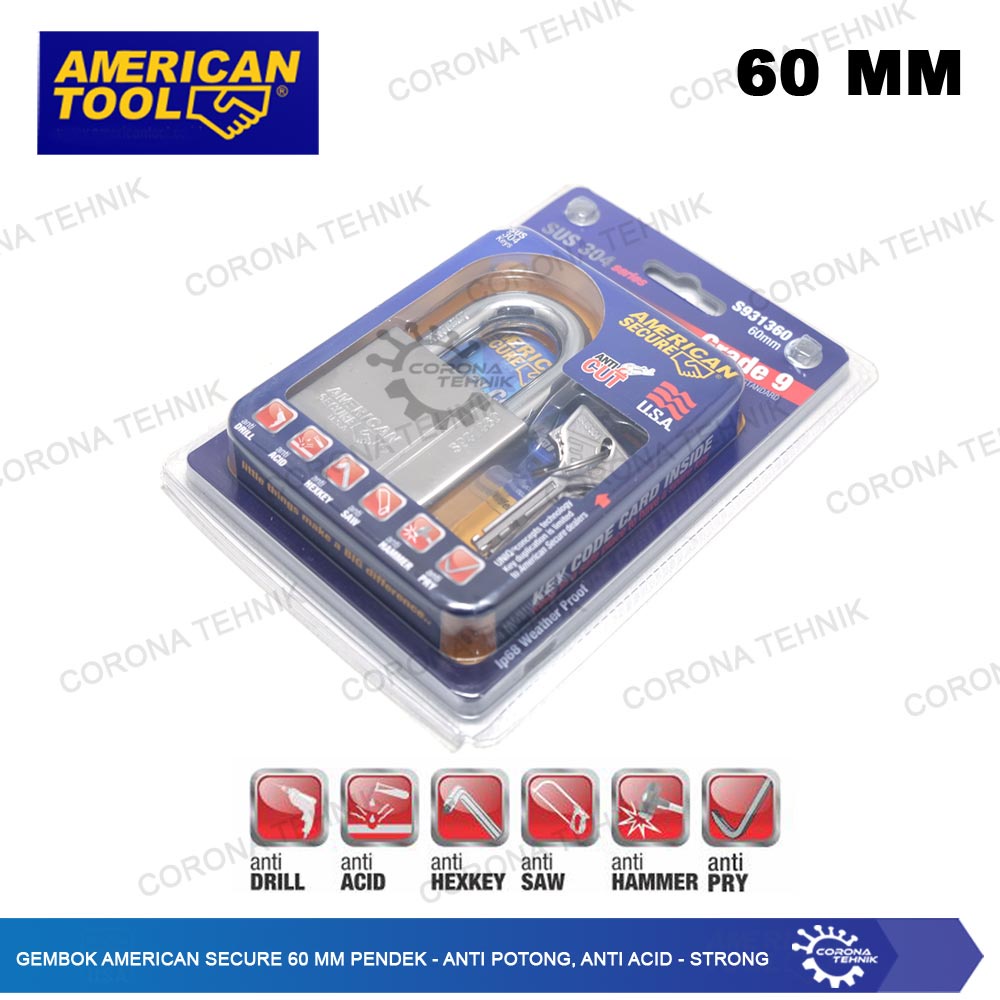 American - Gembok Secure 60 mm Pendek - Anti Potong, Anti Acid - Strong