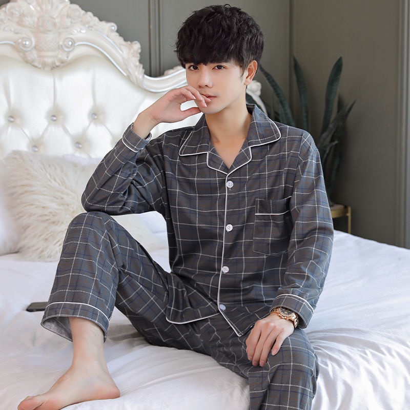 Baju Tidur Piyama Cowok Motif Kotak Kotak Model Kemeja PP Lengan Panjang Celana Panjang Import