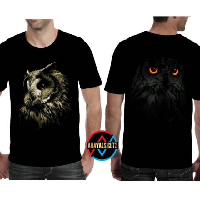 KAOS DISTRO PRIA/KAOS 3D/BURUNG HANTU SABLON DEPAN BELAKANG