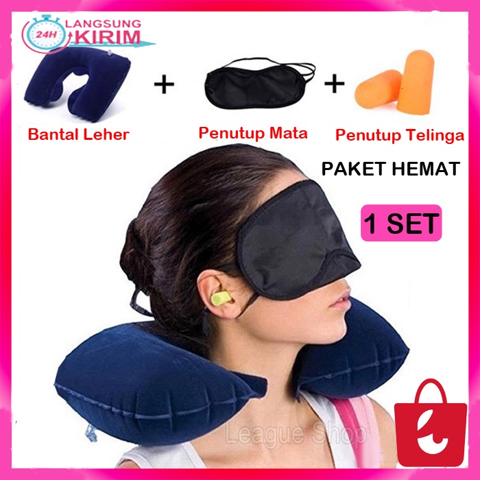 [1 Set] Travel Pillow Set 3 in 1 Bantal Leher Traveling Travel Penutup Mata Tidur Penutup Telinga Anti Bising