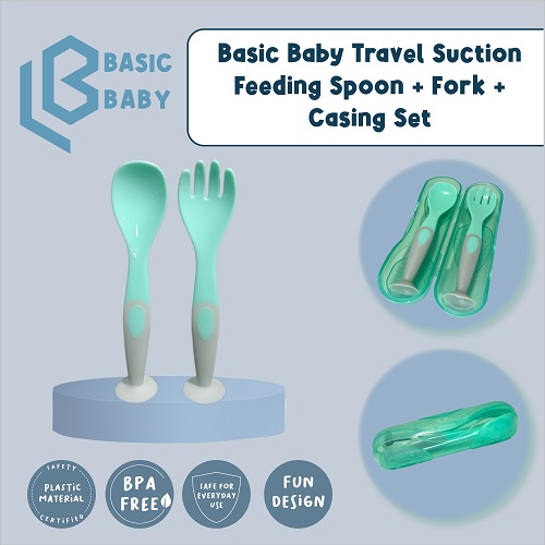 BASIC BABY TRAVEL SUCTION FEEDING SPOON + FORK + CASING SET