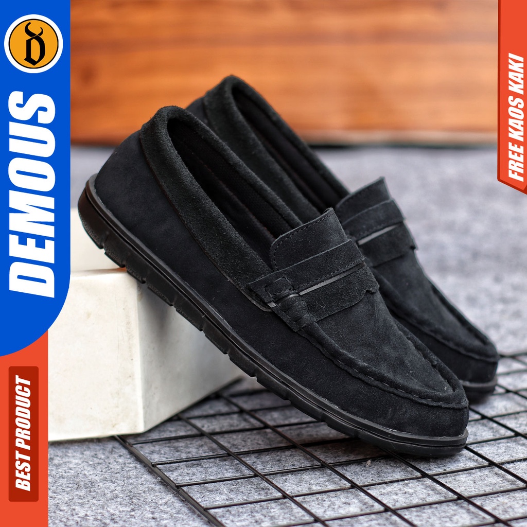 Sepatu Sneakers Pria Sepatu Casual Pria Kulit Suede Sepatu Kerja Kuliah Kondangan Sepatu Hitam Pria DEMOUS JAX