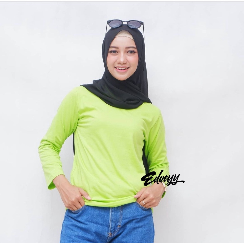Kaos Polos Wanita Lengan Panjang Warna HIJAU STABILO - Baju Tshirt wanita