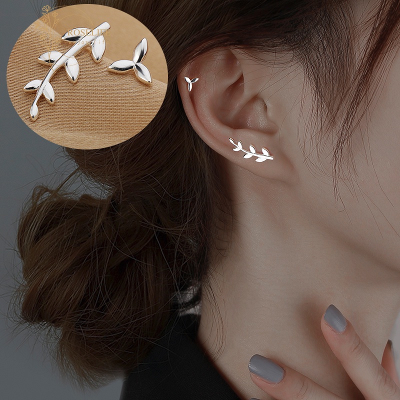 Roselife 1 Pasang Anting Tusuk Sterling Silver 925 Desain Daun Asimetris Untuk Wanita