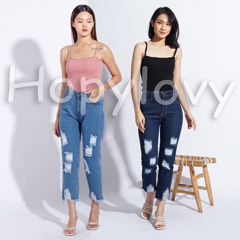 Celana Boyfriend Jeans Wanita Sobek Ripped High Waist HW Unfinished Rania