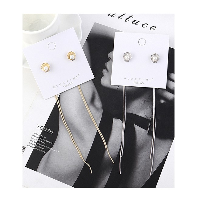 LRC Anting Tusuk Fashion Real Gold-plated Fringed Shell Pearl S925 Silver Pin Earrings Y63028