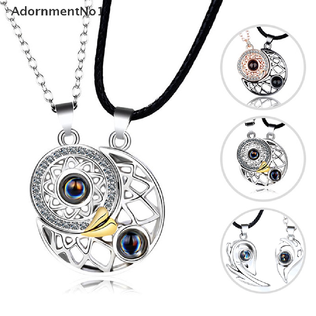 (AdornmentNo1) 2pcs / Set Kalung Rantai Liontin Matahari + Bulan + Bulan Sabit 100 Bahasa Untuk Pasangan / Pria / Wanita