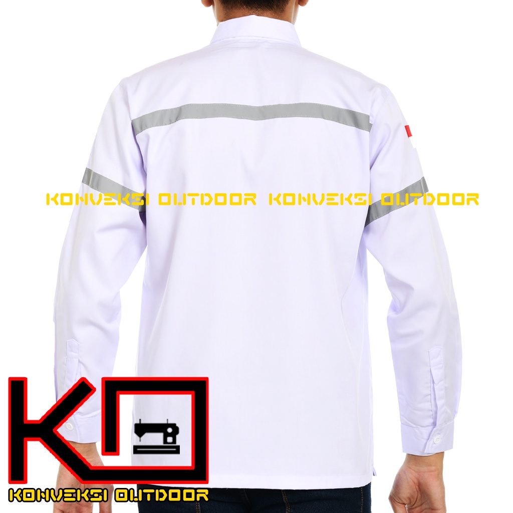 Kemeja Safety Pria Lengan Panjang - Baju Kemeja Kerja Proyek Wearpack Safety K3 Lapangan Outdoor Scotlite Indonesia Tebal Tambang Listrik Mekanik Teknisi Mesin Bangunan Werpack Driver Operator PLN Intalasi Listrik Enginer Teknik Sipil Kilang Warna Putih