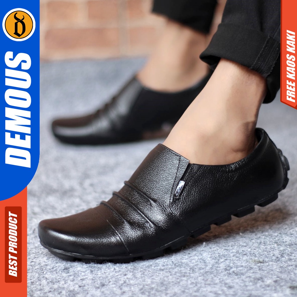 DEMOUS FOLD Sepatu Casual Formal Pantofel Kerja Kantor Pria Kulit Asli Hitam