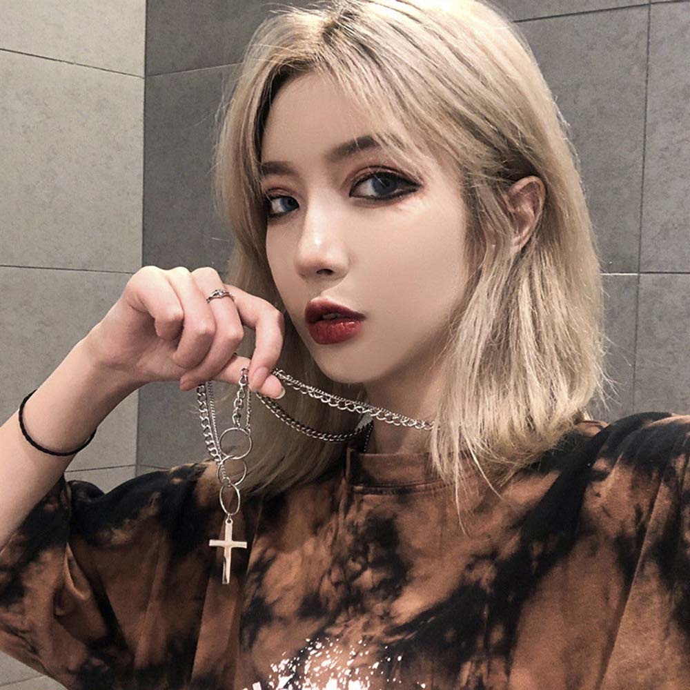 Needway  Trendy Circle Necklaces Punk Choker Clavicle Chain Metal Linked Double Layers Cross Pendant Men For Women Harajuku Fashion Jewelry/Multicolor