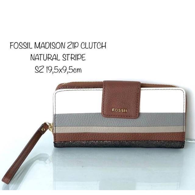 FOSSIL MADISON ZIP CLUTCH NATURAL STRIPE