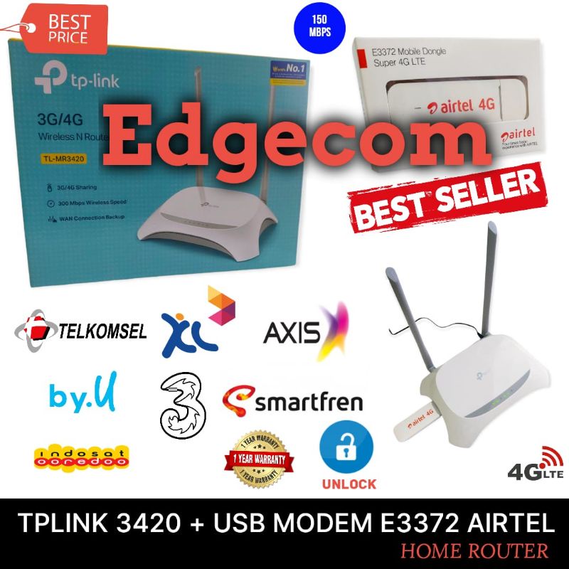 Wifi Router TPLINK TL-MR3420 + USB Modem AIRTEL E3372 4G LTE UNLOCK