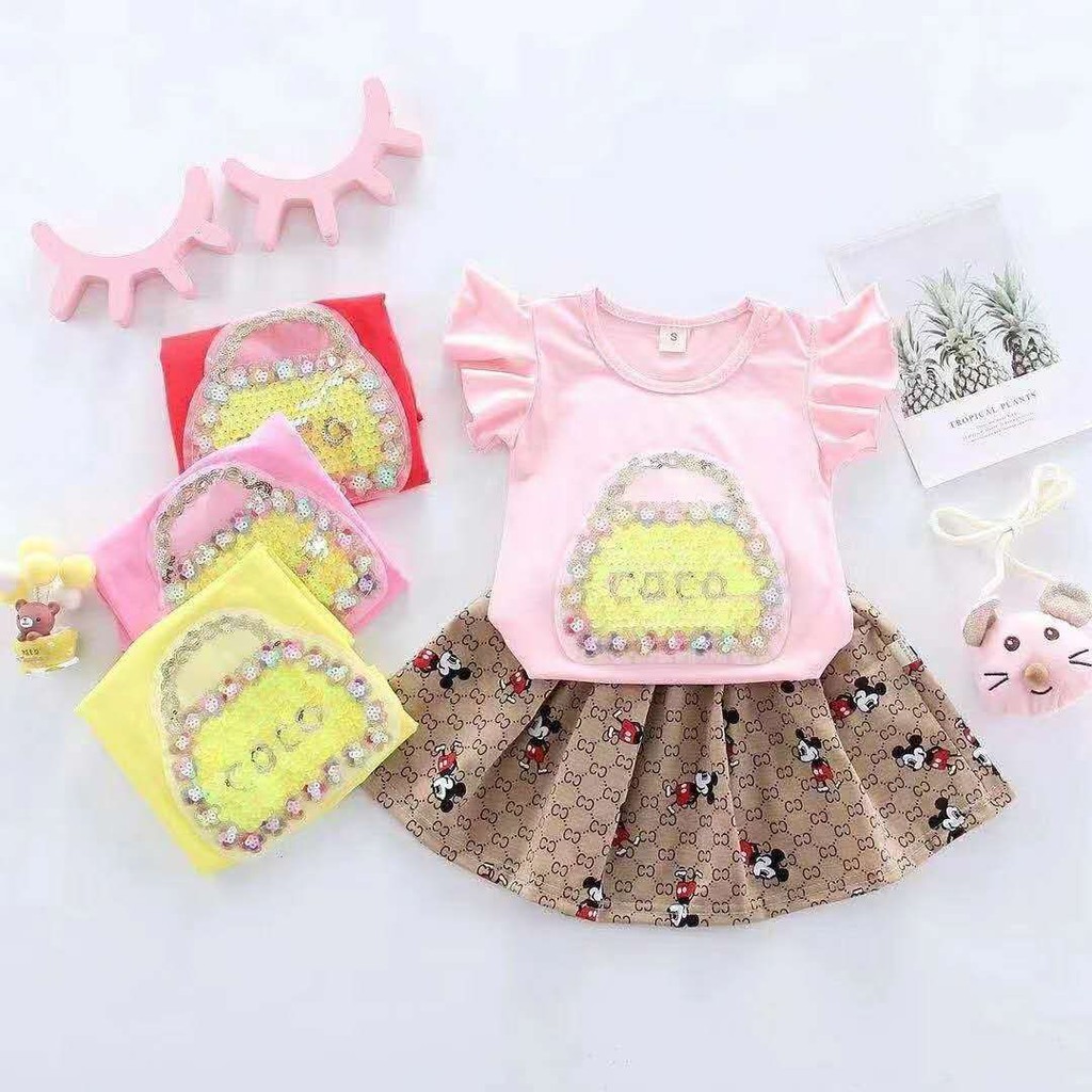 Baju anak Perempuan / Setelan anak cewek lengan pendek 2IN1 Katun IMPORT Umur 9bln-4th Pyt Tas MB