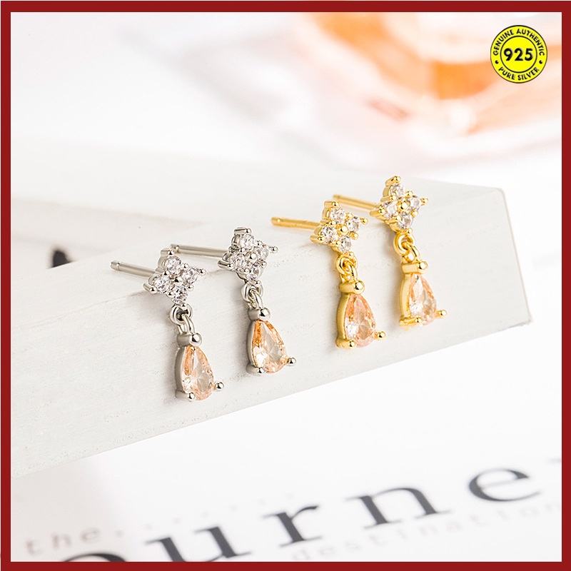 Anting Tusuk Sterling Silver 925 Bentuk Tetesan Air Warna Oranye Sampanye Untuk Wanita