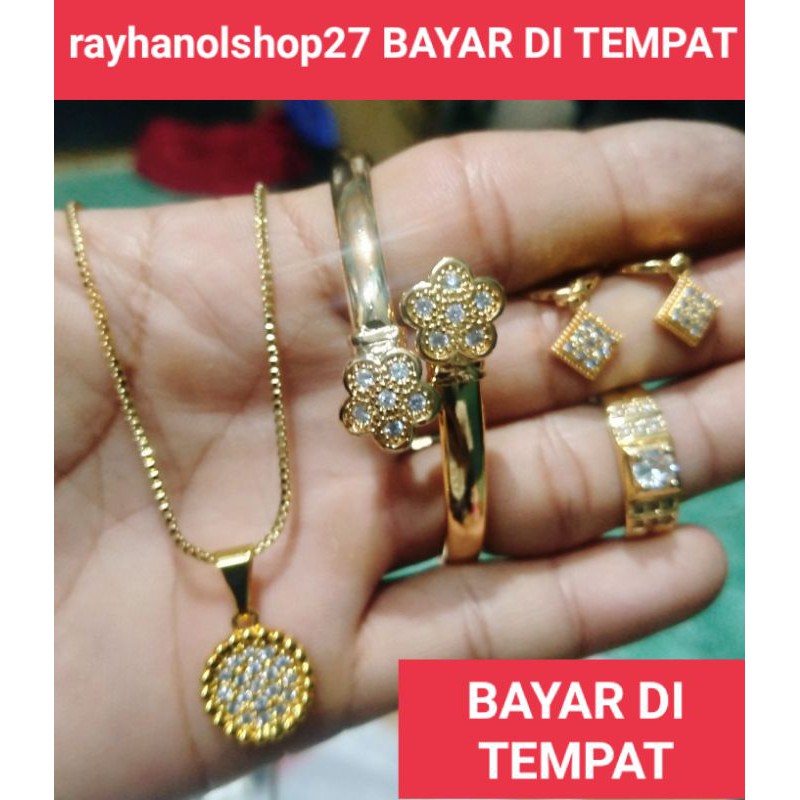 SET PERHIASAN WANITA DEWASA TITANIUM MOTIF PERMATA LAPIS EMAS 24 K GOLD ANTI KARAT