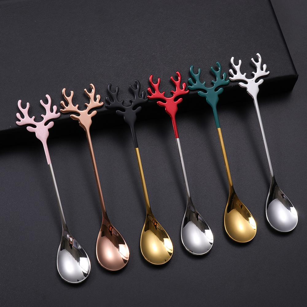 Preva Sendok Natal Desserts Christmas Deer Head Stirring Spoon Xmas Tanduk