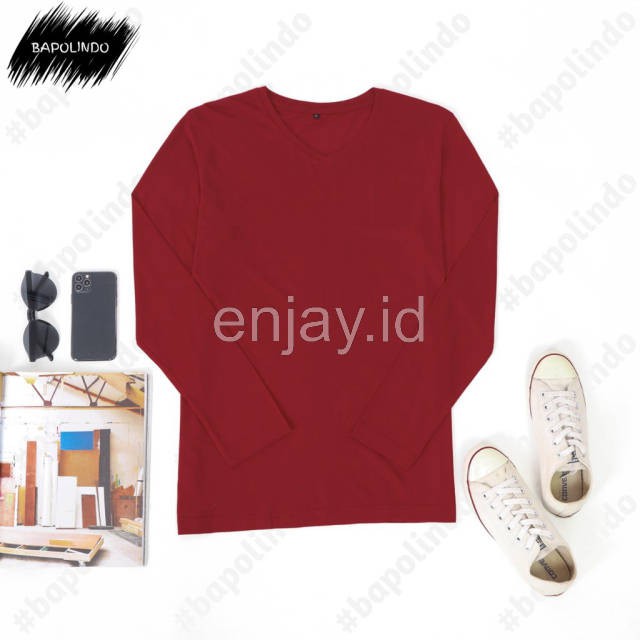 enjay.id - PREMIUM Kaos warna Merah Marun oblong ANTI BAKTERI Leher V neck lengan panjang Original