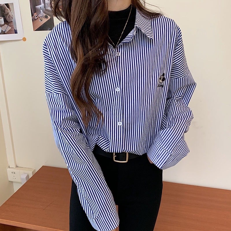 blouse atasan kemeja casual wanita / kemeja  wanita terbaru / kemeja stripe / kemeja korea mickey ( K1252 )