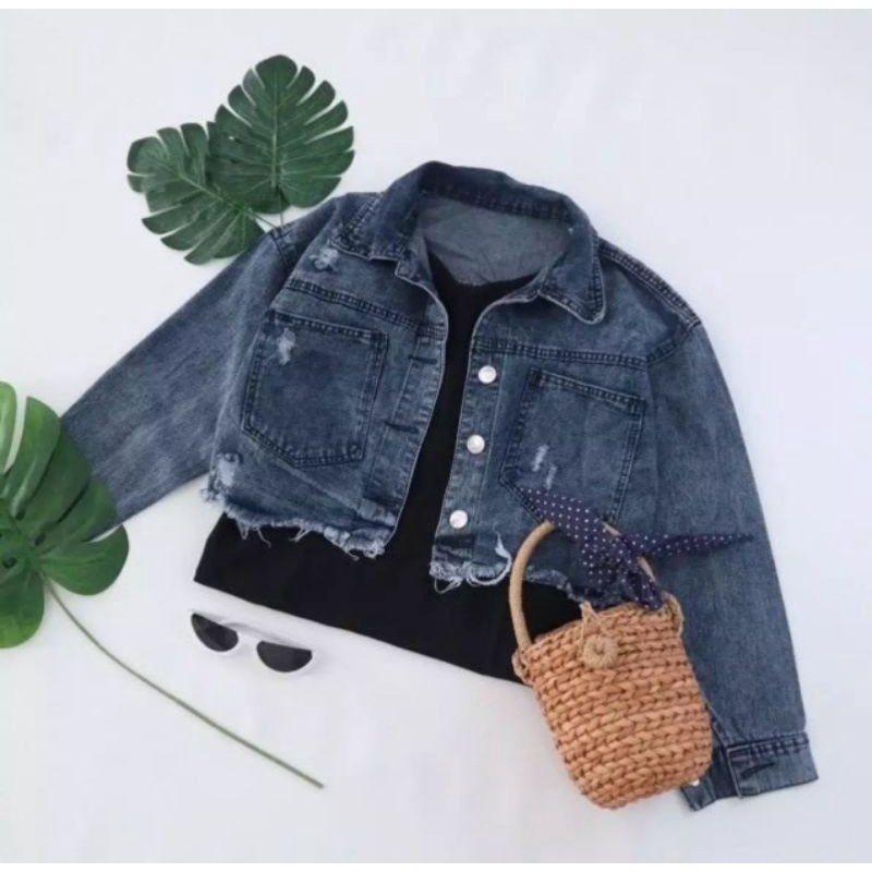 triana_fashion Jaket Jeans Sobek Robek Ripped Wanita Crop Top Rawis Jacket Jins Denim Cewek Sobek Korean Style Kekinian Terbaru Terlaris 2022