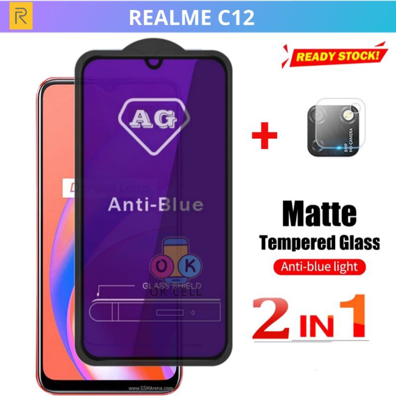 2IN1 - Tempered Glass Blue Matte Light Realme C12 TG Anti Gores Layar Kamera Belakang Full Screen