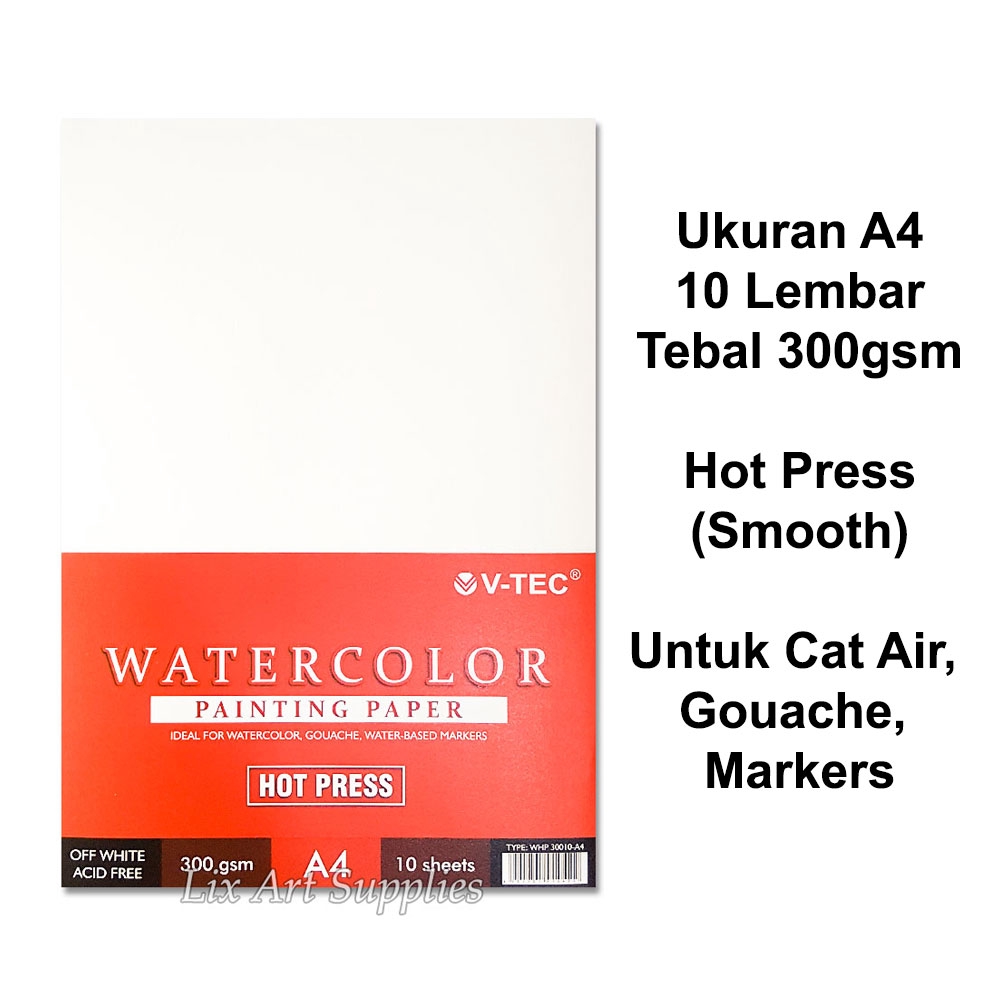 

V-TEC A4 Water Colour Paper 300gsm - 10 Sheets Hot Pressed / Kertas Cat Air A4 Watercolor Paper