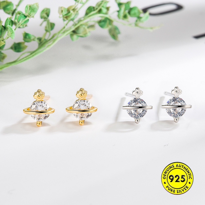 Anting Tusuk Sterling Silver Desain Planet Saturnus Mini Simple Anti Alergi Untuk Wanita