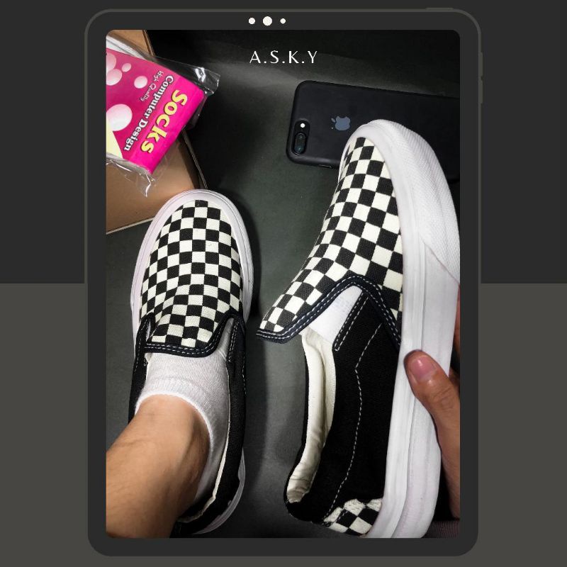 [COD] SEPATU LOKAL ORIGINAL SLIP ON CHECKERBOARD BLACK