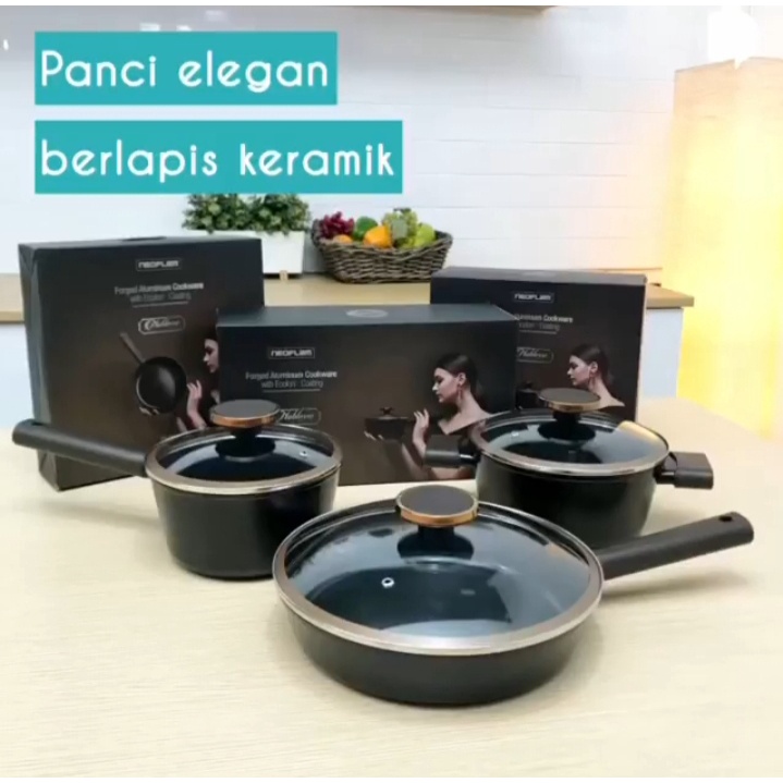 Ready‼️ Neoflam Noblesse Cookware Set of 3 Pcs BONUS Knife Neoflam❗Aluminium❗Impor❗Anti Lengket