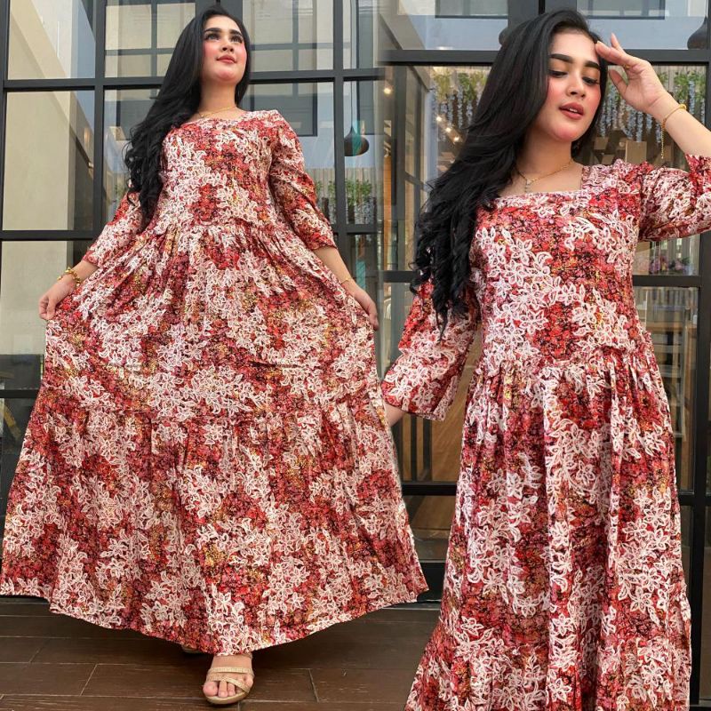 gamis bunga smok belakang merah bata