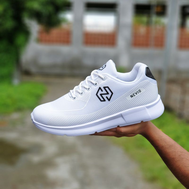 Sepatu Pria Sneakers Nevis NVS 23 Sepatu Running Sport Lari Joging Gym Fitness Yoga Olahraga Full White Putih / Hitam Putih ORIGINAL