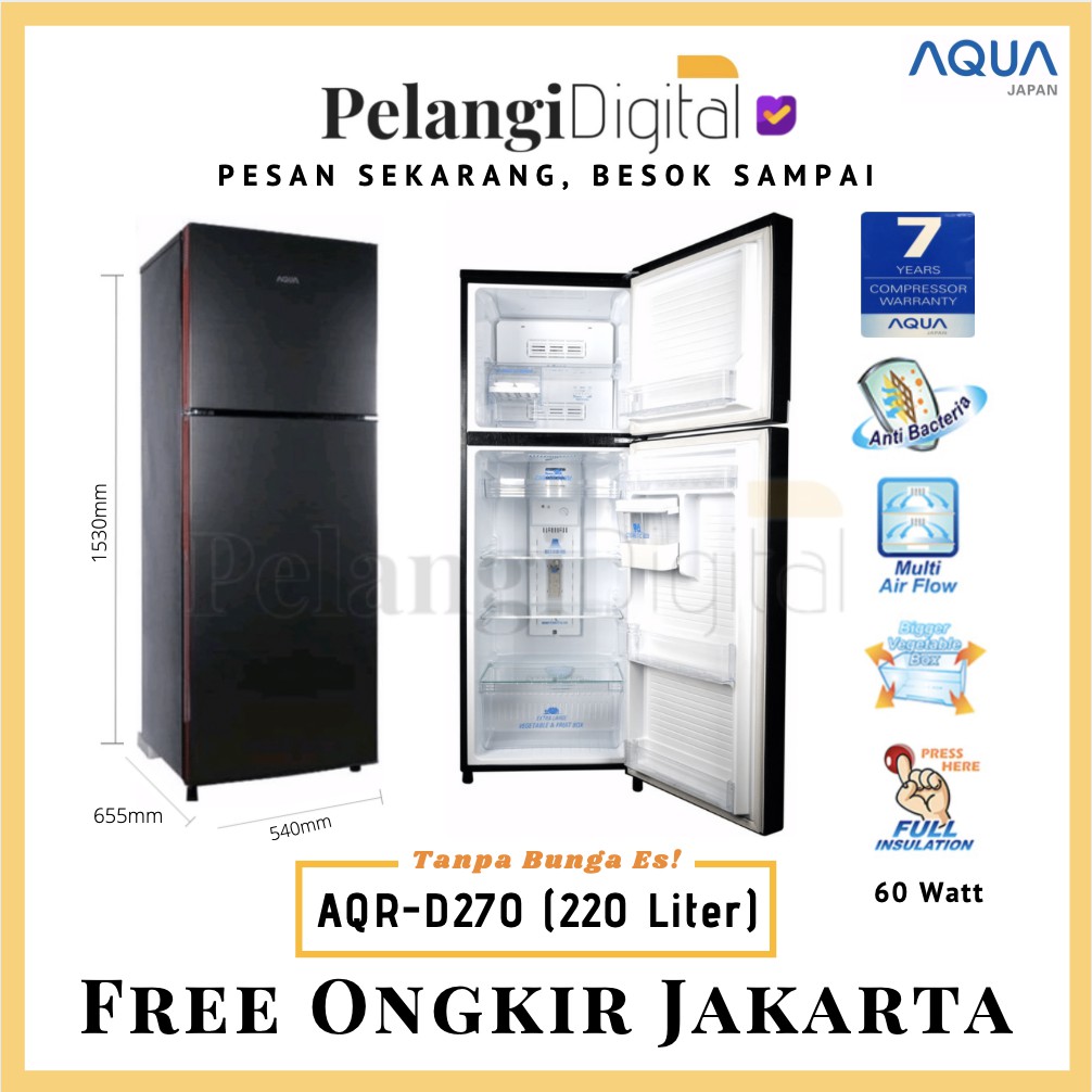 AQUA Kulkas 2 Pintu Cosmetic Box - Tanpa Bunga Es / No Frost - 220 Liter - AQR-D270
